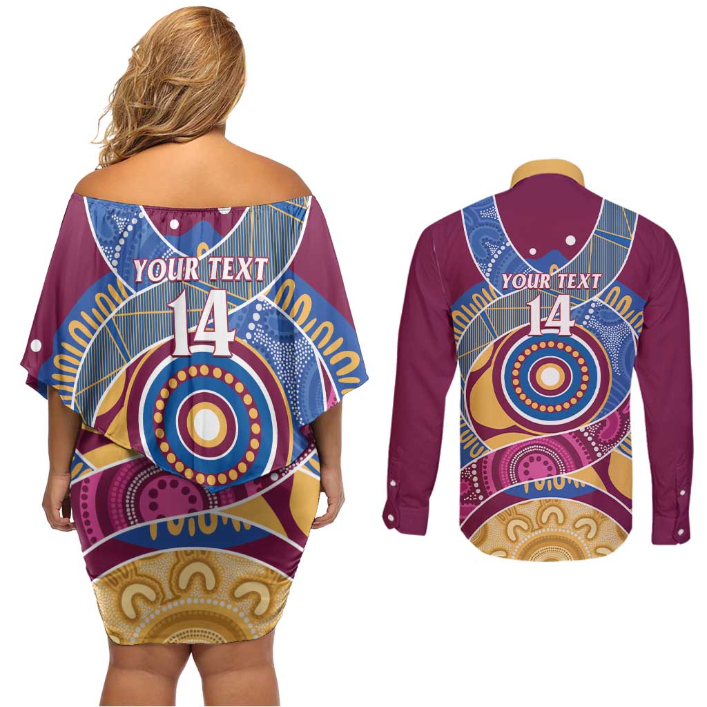 Brisbane Lions Football Custom Couples Matching Off Shoulder Short Dress and Long Sleeve Button Shirt Premiers Proud Aboriginal Art - Aussie Hoodie