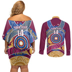 Brisbane Lions Football Custom Couples Matching Off Shoulder Short Dress and Long Sleeve Button Shirt Premiers Proud Aboriginal Art - Aussie Hoodie