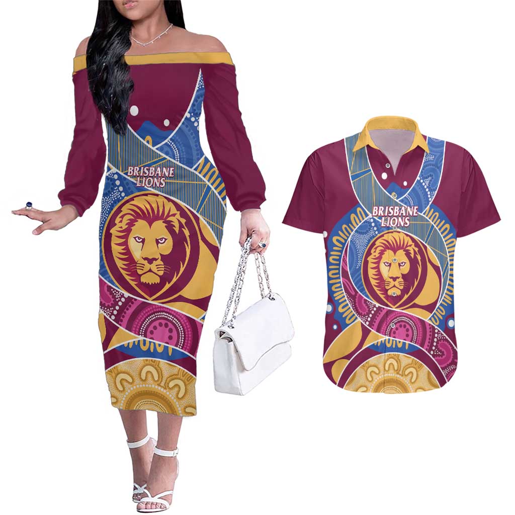 Brisbane Lions Football Custom Couples Matching Off The Shoulder Long Sleeve Dress and Hawaiian Shirt Premiers Proud Aboriginal Art - Aussie Hoodie