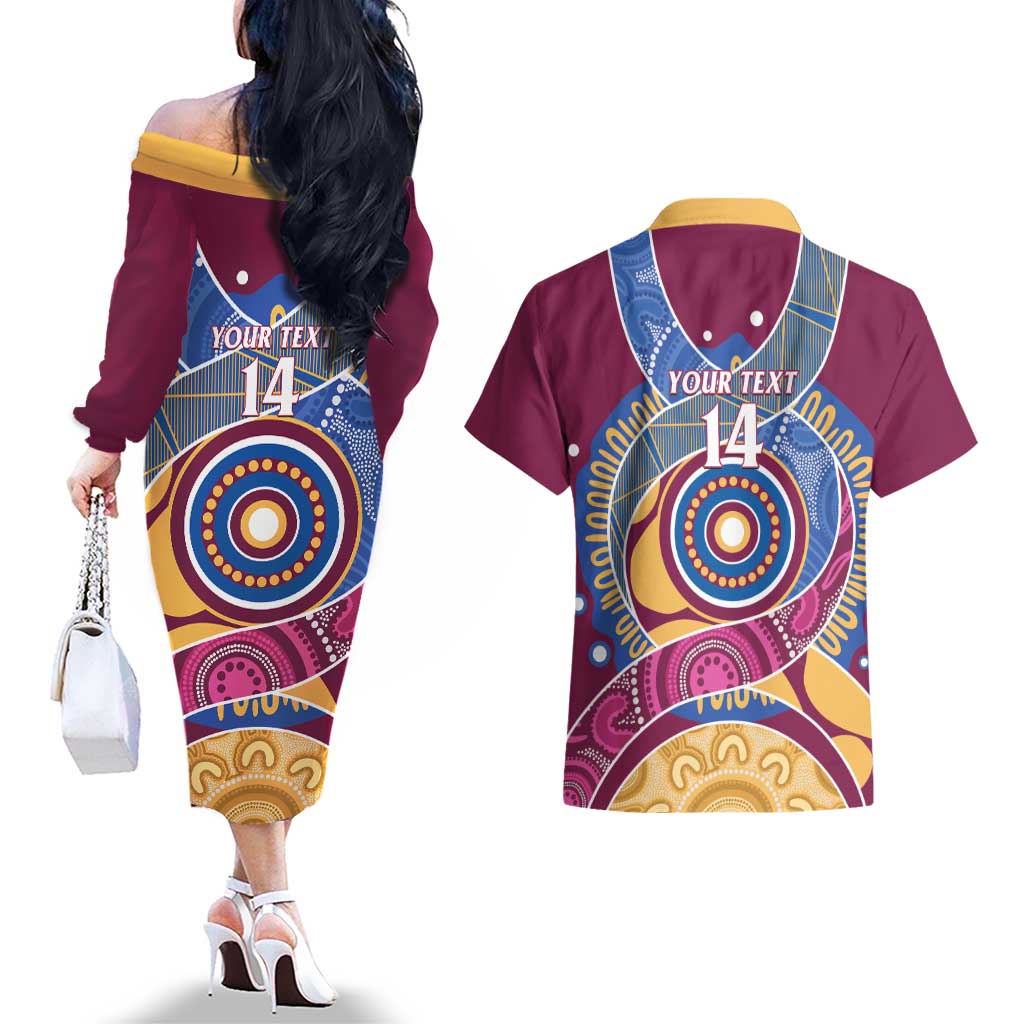 Brisbane Lions Football Custom Couples Matching Off The Shoulder Long Sleeve Dress and Hawaiian Shirt Premiers Proud Aboriginal Art - Aussie Hoodie