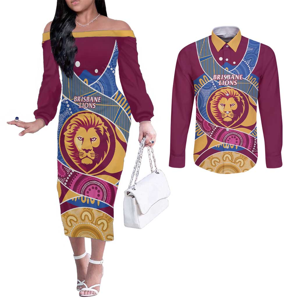 Brisbane Lions Football Custom Couples Matching Off The Shoulder Long Sleeve Dress and Long Sleeve Button Shirt Premiers Proud Aboriginal Art - Aussie Hoodie