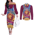 Brisbane Lions Football Custom Couples Matching Off The Shoulder Long Sleeve Dress and Long Sleeve Button Shirt Premiers Proud Aboriginal Art - Aussie Hoodie