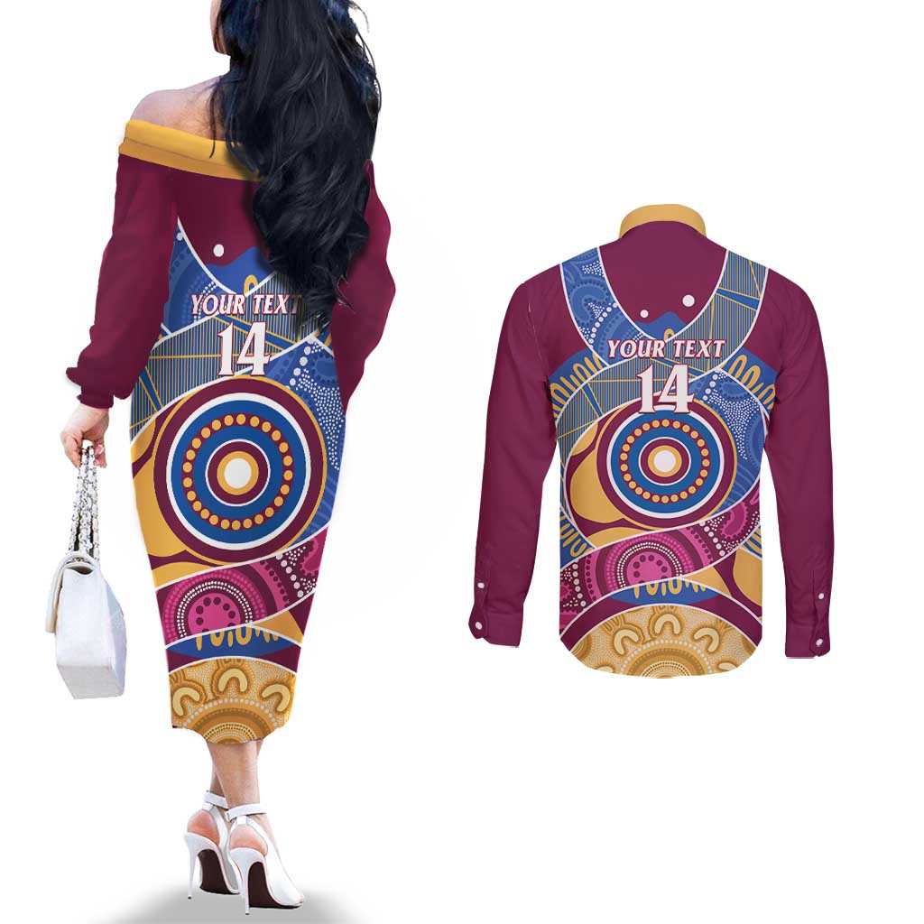 Brisbane Lions Football Custom Couples Matching Off The Shoulder Long Sleeve Dress and Long Sleeve Button Shirt Premiers Proud Aboriginal Art - Aussie Hoodie