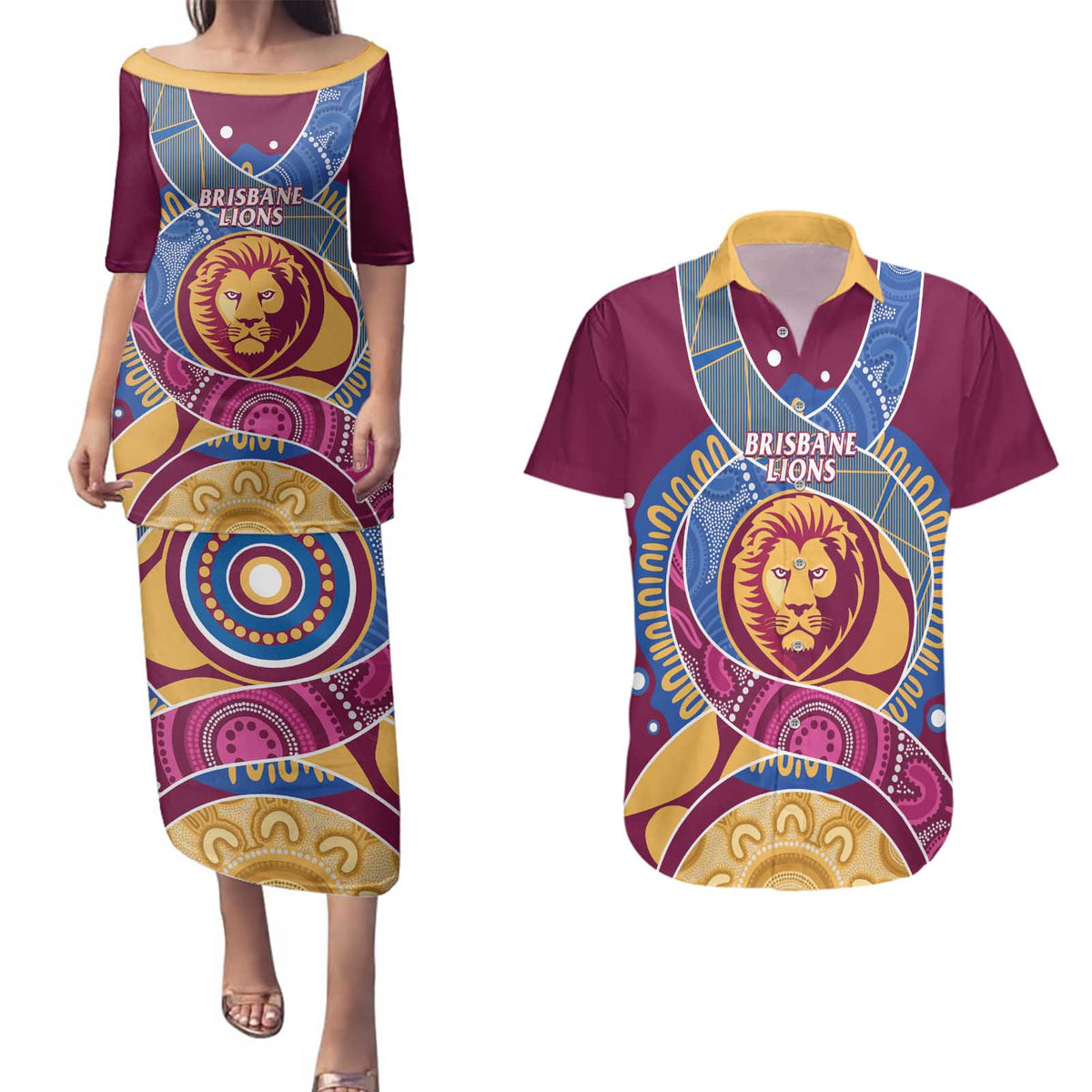 Brisbane Lions Football Custom Couples Matching Puletasi and Hawaiian Shirt Premiers Proud Aboriginal Art - Aussie Hoodie