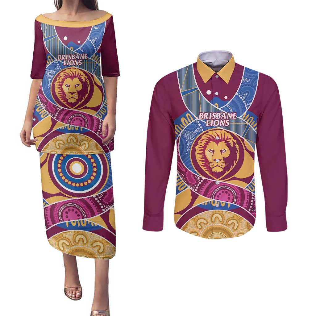 Brisbane Lions Football Custom Couples Matching Puletasi and Long Sleeve Button Shirt Premiers Proud Aboriginal Art - Aussie Hoodie
