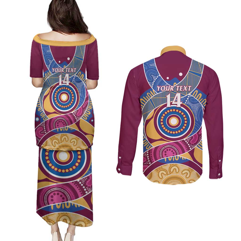Brisbane Lions Football Custom Couples Matching Puletasi and Long Sleeve Button Shirt Premiers Proud Aboriginal Art - Aussie Hoodie