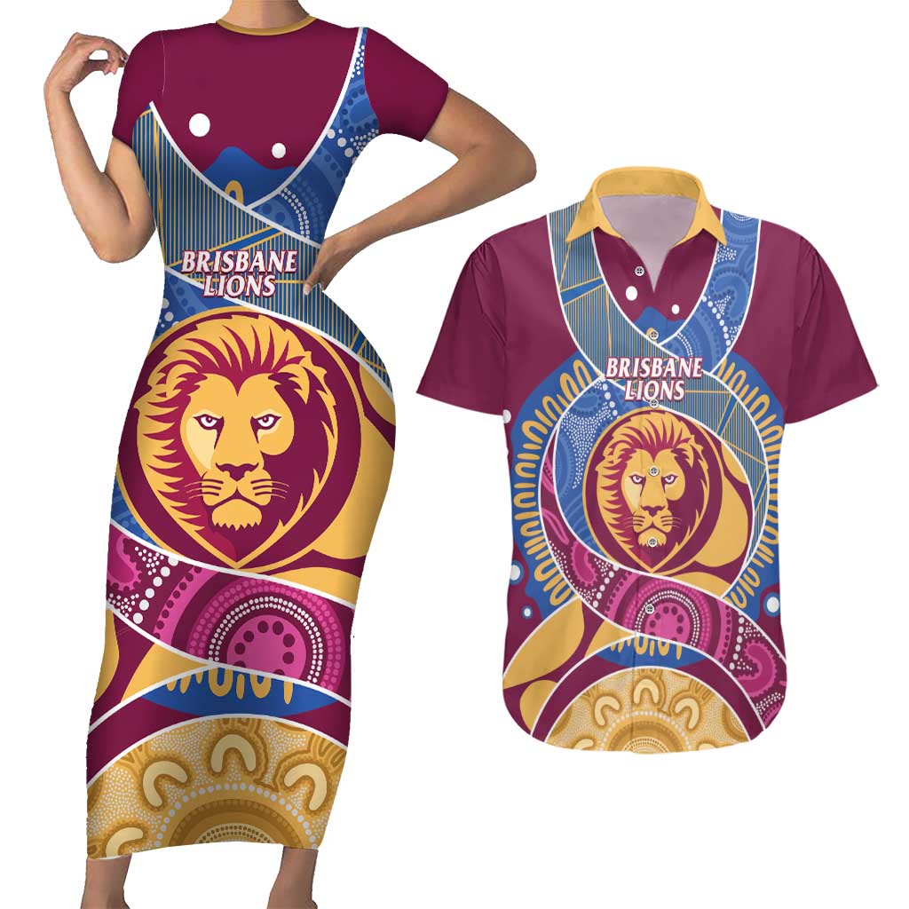 Brisbane Lions Football Custom Couples Matching Short Sleeve Bodycon Dress and Hawaiian Shirt Premiers Proud Aboriginal Art - Aussie Hoodie
