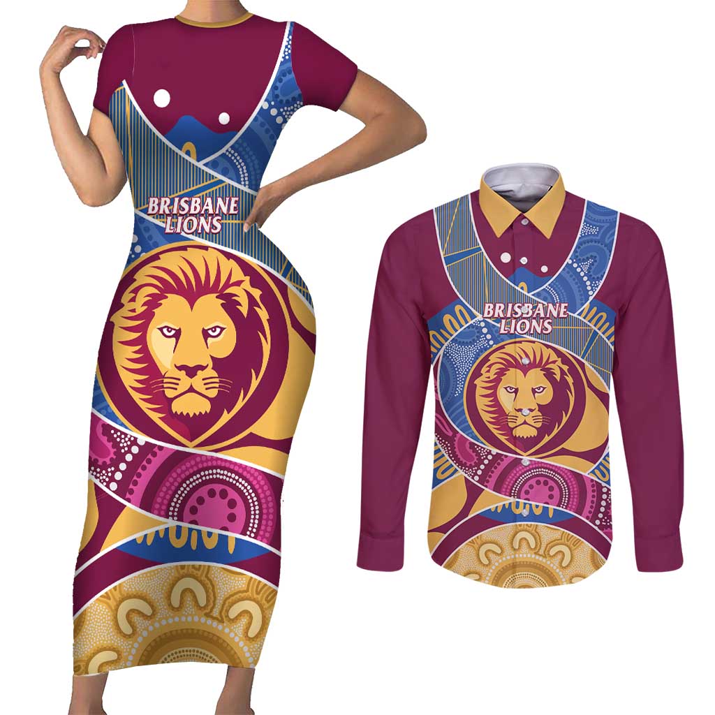 Brisbane Lions Football Custom Couples Matching Short Sleeve Bodycon Dress and Long Sleeve Button Shirt Premiers Proud Aboriginal Art - Aussie Hoodie