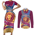 Brisbane Lions Football Custom Couples Matching Short Sleeve Bodycon Dress and Long Sleeve Button Shirt Premiers Proud Aboriginal Art - Aussie Hoodie