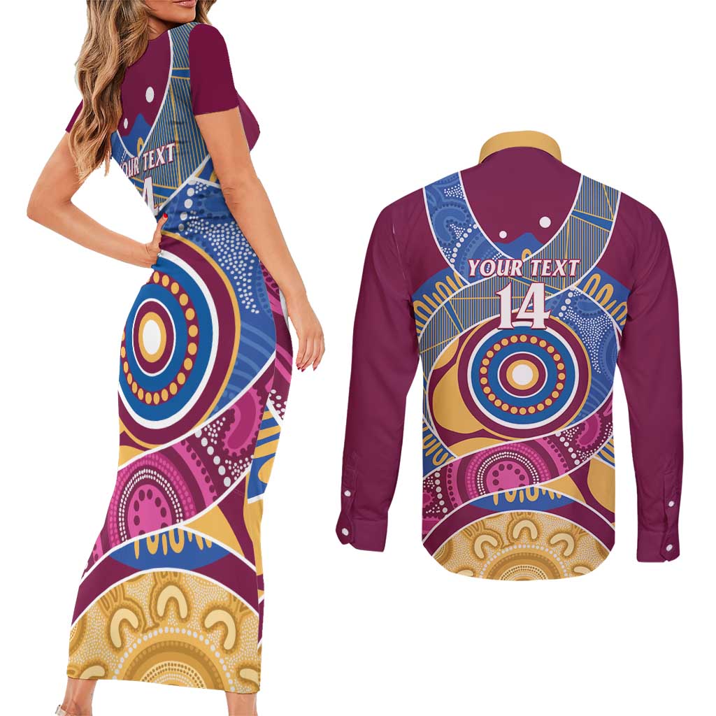 Brisbane Lions Football Custom Couples Matching Short Sleeve Bodycon Dress and Long Sleeve Button Shirt Premiers Proud Aboriginal Art - Aussie Hoodie