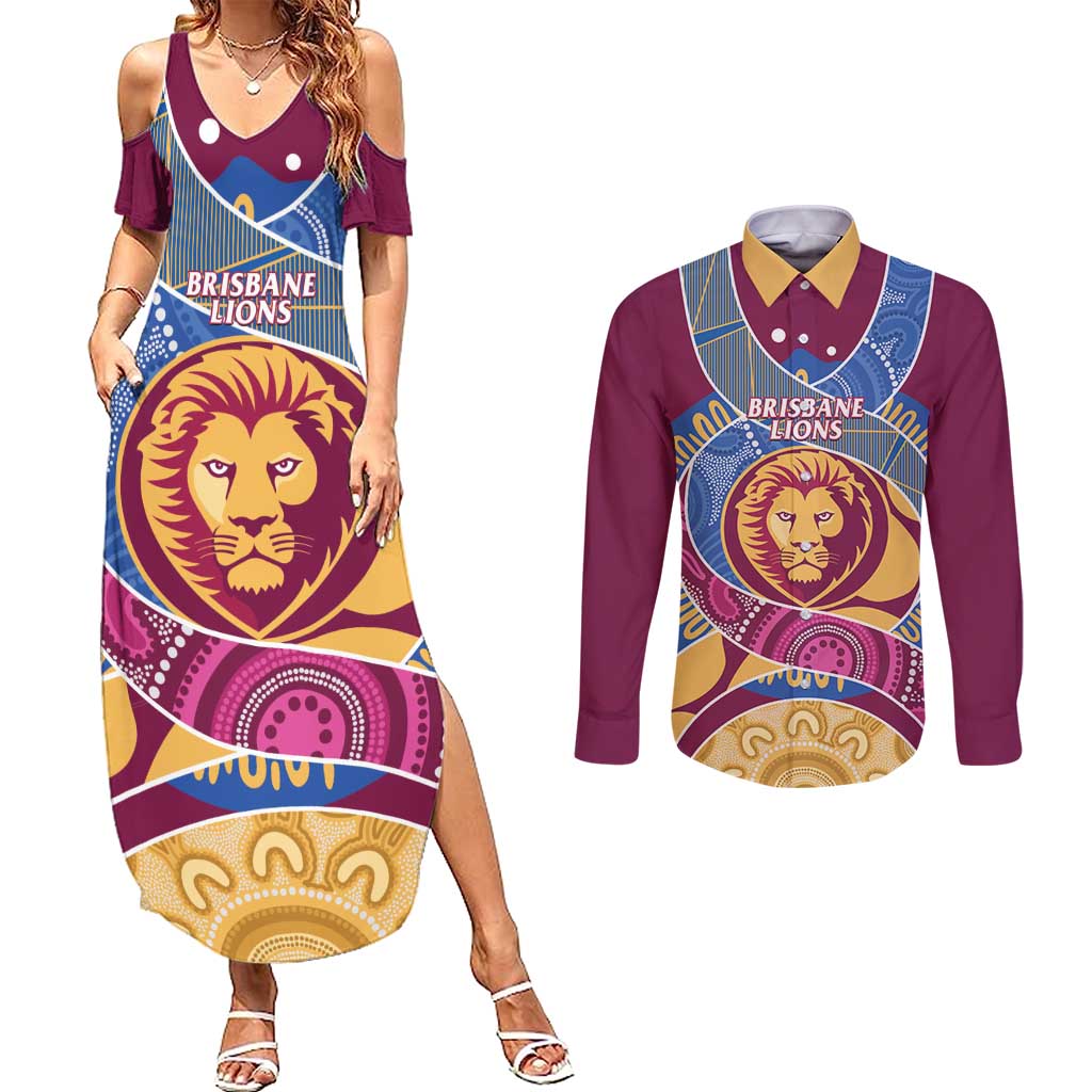 Brisbane Lions Football Custom Couples Matching Summer Maxi Dress and Long Sleeve Button Shirt Premiers Proud Aboriginal Art - Aussie Hoodie