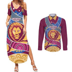 Brisbane Lions Football Custom Couples Matching Summer Maxi Dress and Long Sleeve Button Shirt Premiers Proud Aboriginal Art - Aussie Hoodie
