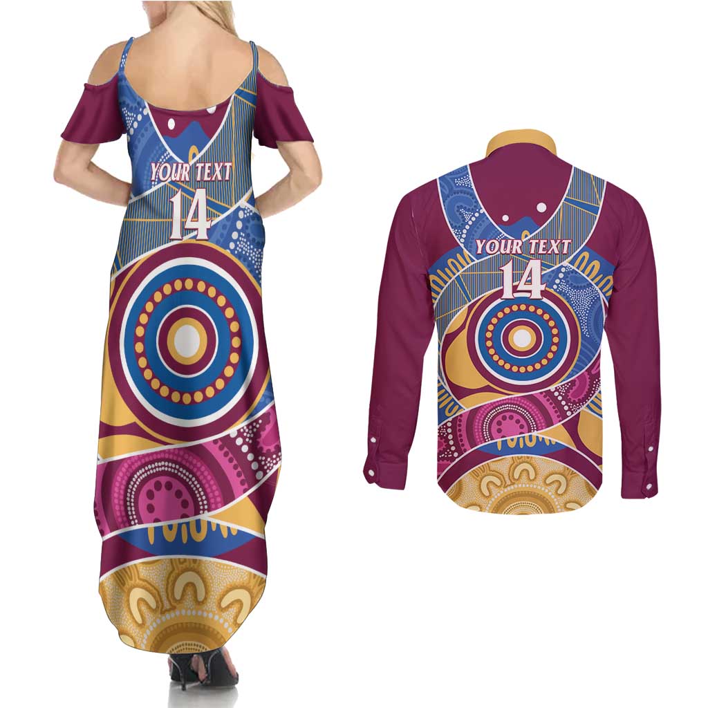Brisbane Lions Football Custom Couples Matching Summer Maxi Dress and Long Sleeve Button Shirt Premiers Proud Aboriginal Art - Aussie Hoodie