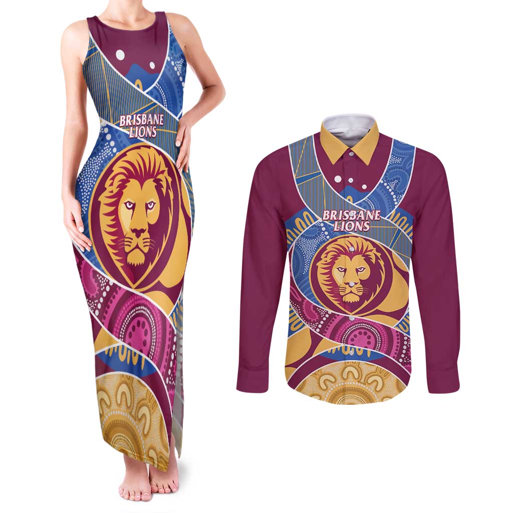 Brisbane Lions Football Custom Couples Matching Tank Maxi Dress and Long Sleeve Button Shirt Premiers Proud Aboriginal Art - Aussie Hoodie