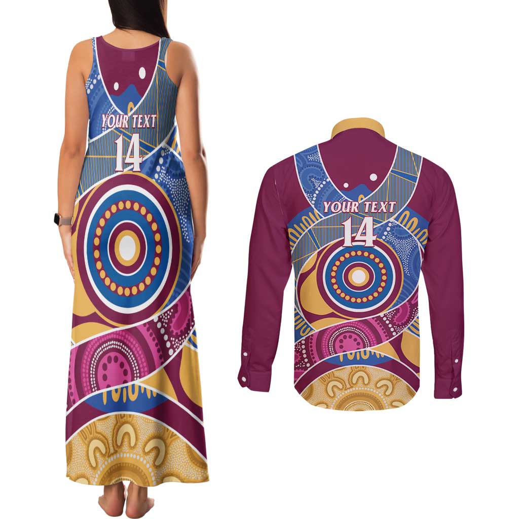 Brisbane Lions Football Custom Couples Matching Tank Maxi Dress and Long Sleeve Button Shirt Premiers Proud Aboriginal Art - Aussie Hoodie