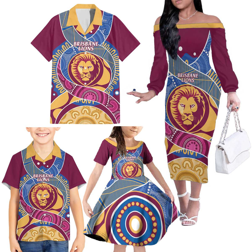 Brisbane Lions Football Custom Family Matching Off The Shoulder Long Sleeve Dress and Hawaiian Shirt Premiers Proud Aboriginal Art - Aussie Hoodie