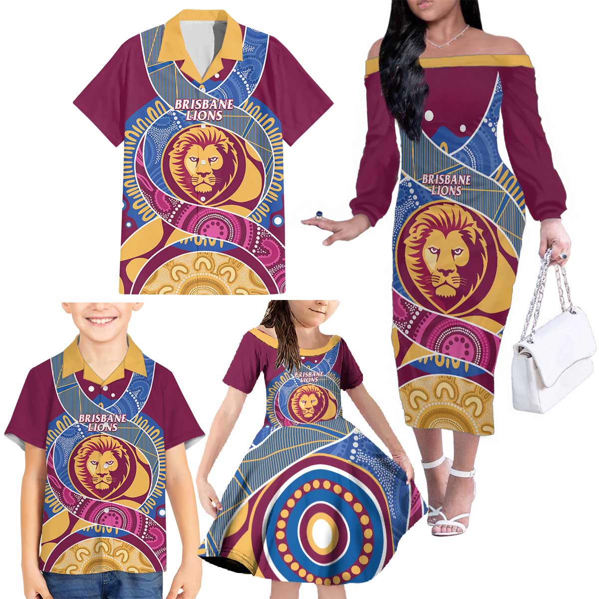 Brisbane Lions Football Custom Family Matching Off The Shoulder Long Sleeve Dress and Hawaiian Shirt Premiers Proud Aboriginal Art - Aussie Hoodie