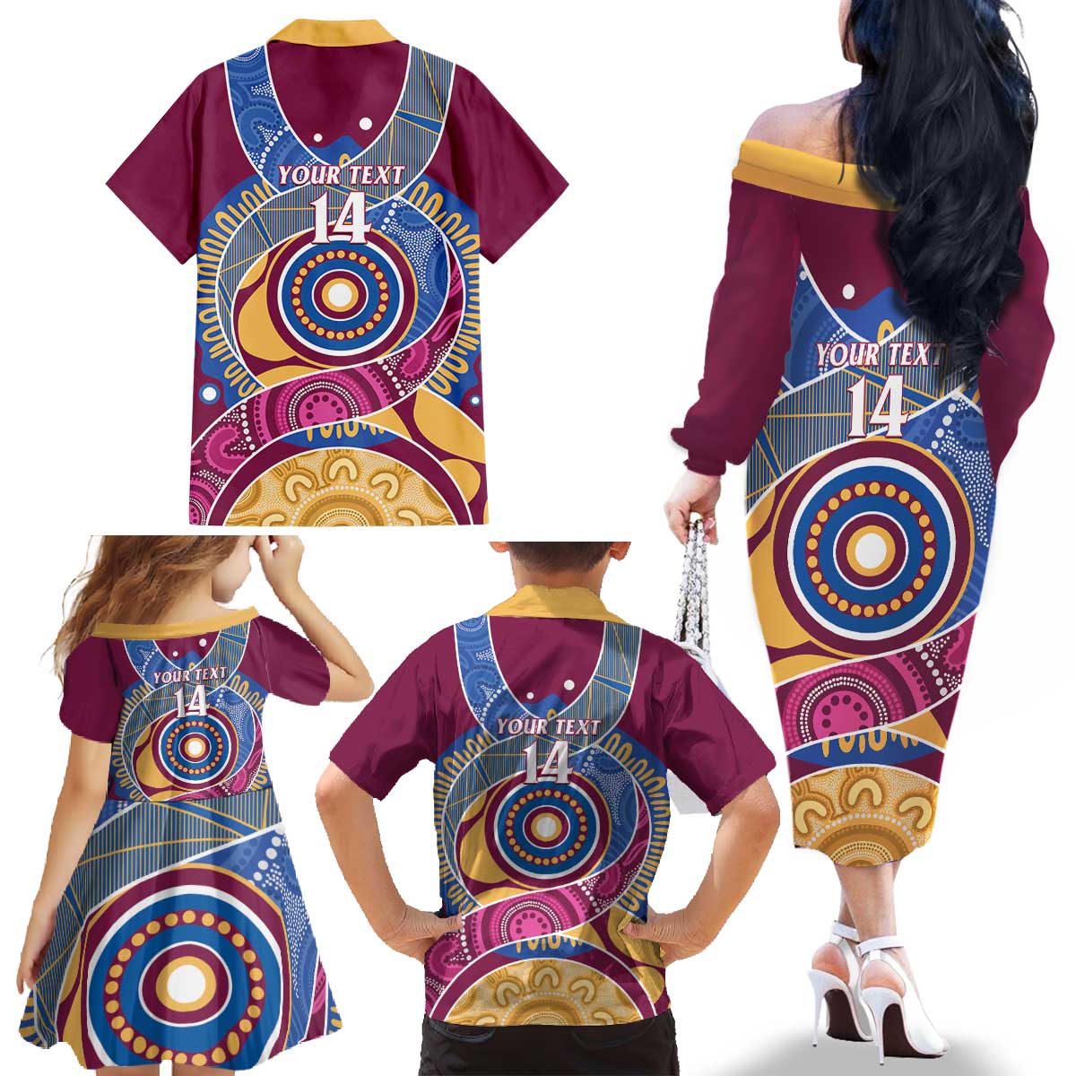 Brisbane Lions Football Custom Family Matching Off The Shoulder Long Sleeve Dress and Hawaiian Shirt Premiers Proud Aboriginal Art - Aussie Hoodie