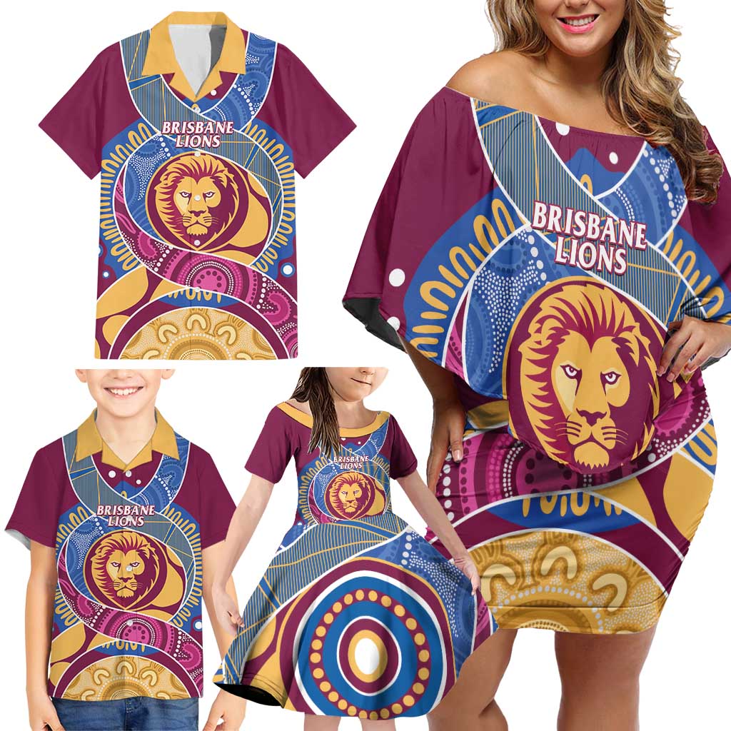 Brisbane Lions Football Custom Family Matching Off Shoulder Short Dress and Hawaiian Shirt Premiers Proud Aboriginal Art - Aussie Hoodie