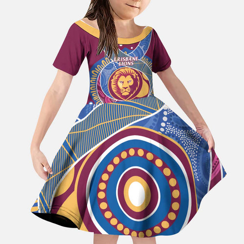 Brisbane Lions Football Custom Kid Short Sleeve Dress Premiers Proud Aboriginal Art - Aussie Hoodie