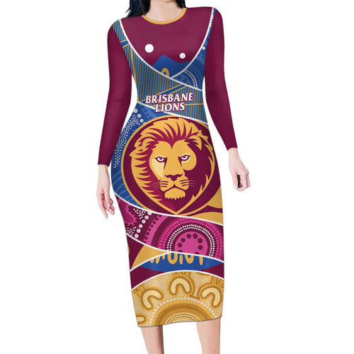 Brisbane Lions Football Custom Long Sleeve Bodycon Dress Premiers Proud Aboriginal Art - Aussie Hoodie