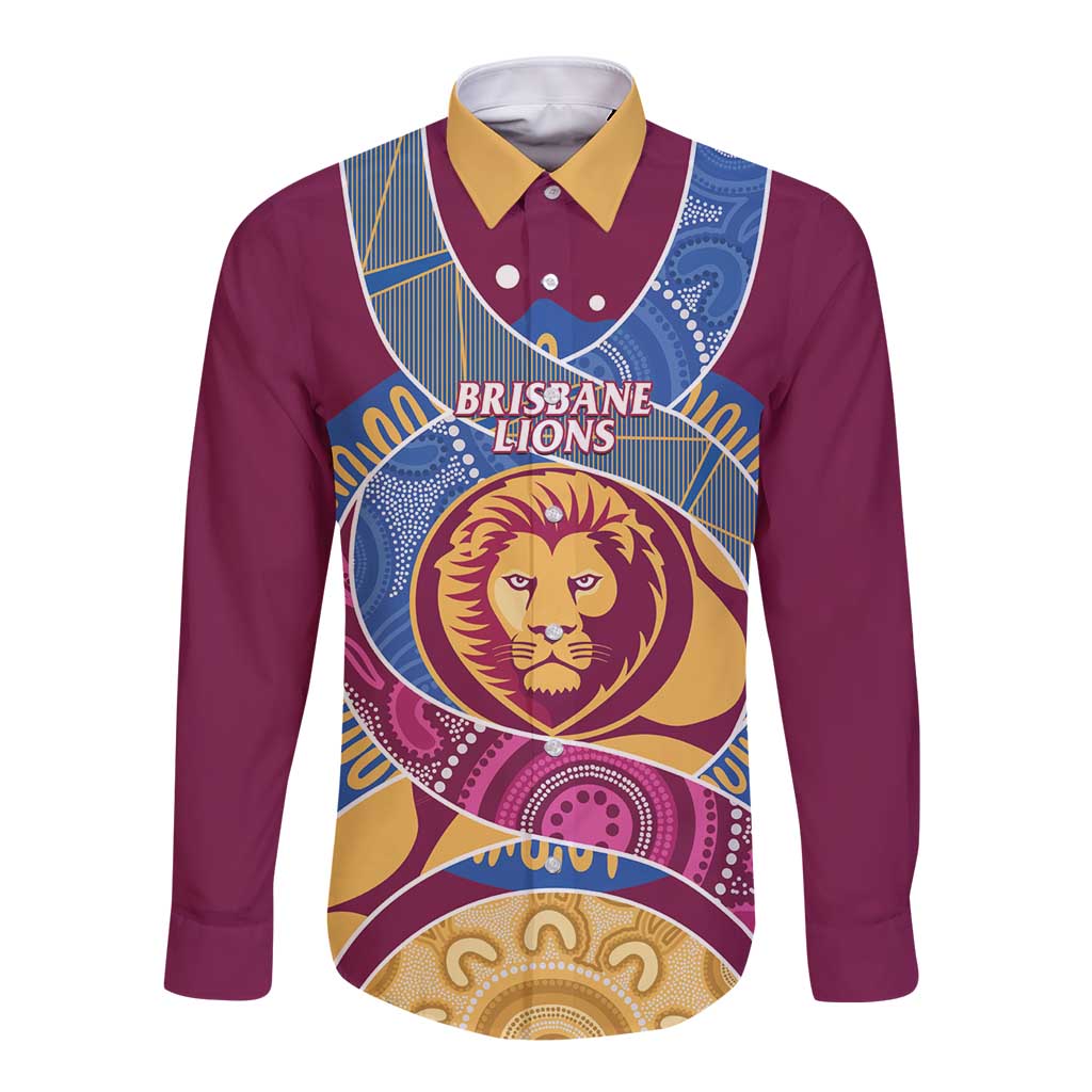 Brisbane Lions Football Custom Long Sleeve Button Shirt Premiers Proud Aboriginal Art - Aussie Hoodie