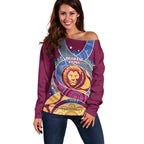 Brisbane Lions Football Custom Off Shoulder Sweater Premiers Proud Aboriginal Art - Aussie Hoodie