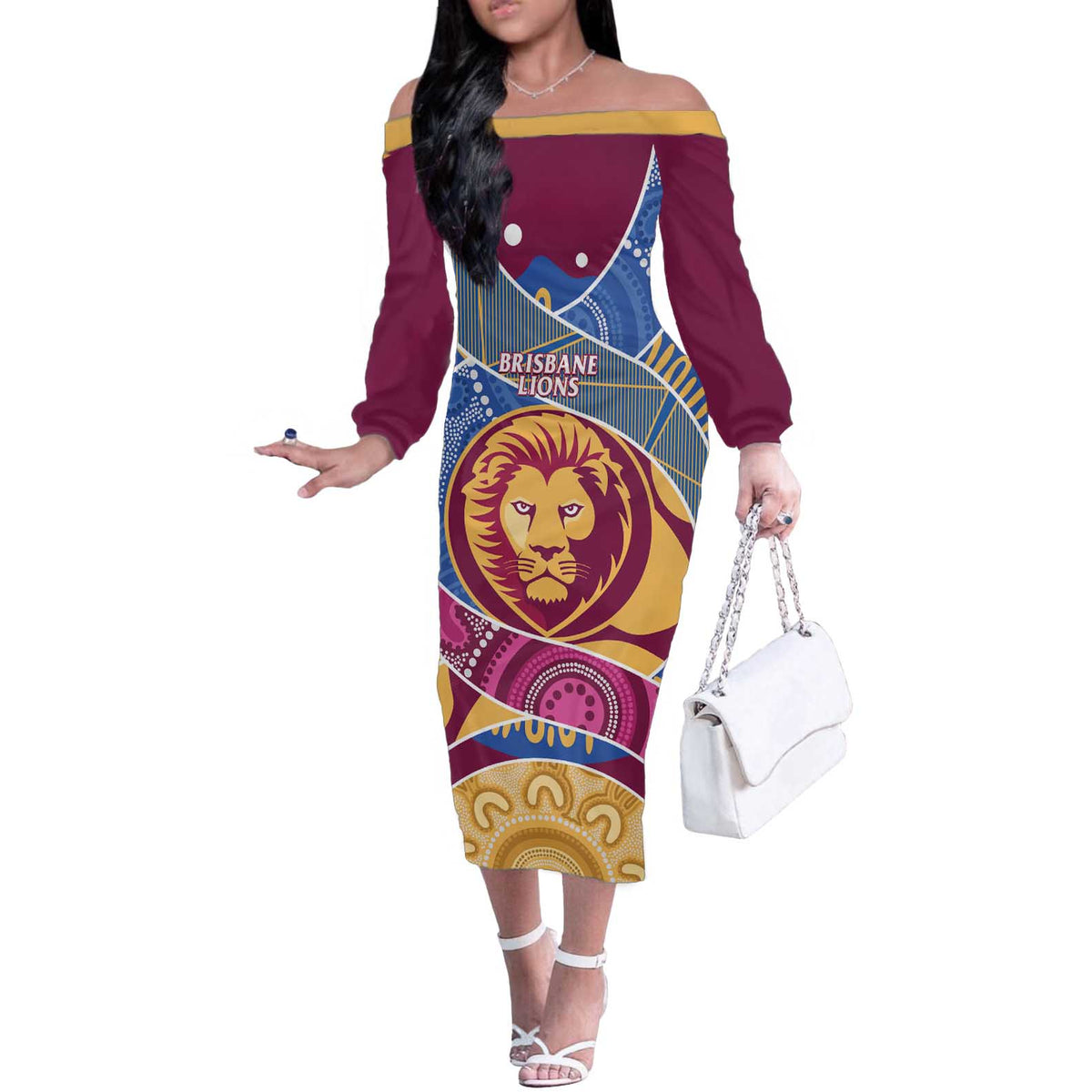 Brisbane Lions Football Custom Off The Shoulder Long Sleeve Dress Premiers Proud Aboriginal Art - Aussie Hoodie