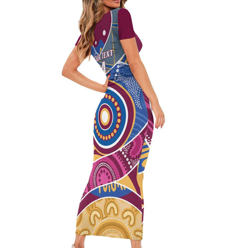 Brisbane Lions Football Custom Short Sleeve Bodycon Dress Premiers Proud Aboriginal Art - Aussie Hoodie