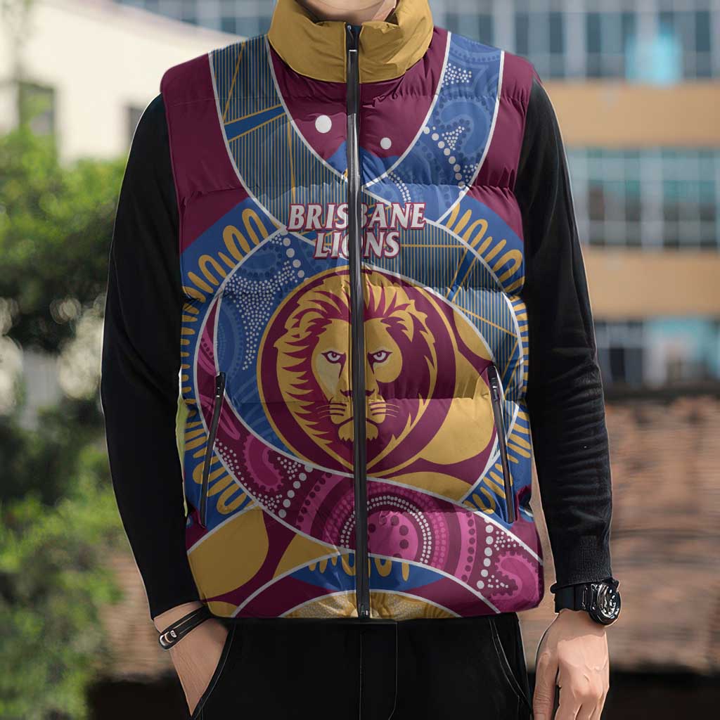 Brisbane Lions Football Custom Sleeveless Puffer Jacket Premiers Proud Aboriginal Art - Aussie Hoodie
