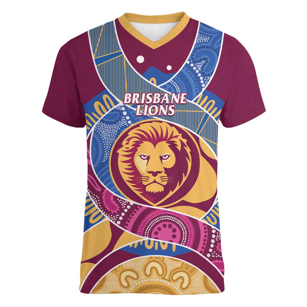 Brisbane Lions Football Custom Women V-Neck T-Shirt Premiers Proud Aboriginal Art - Aussie Hoodie