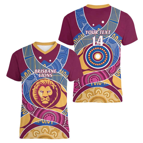 Brisbane Lions Football Custom Women V-Neck T-Shirt Premiers Proud Aboriginal Art - Aussie Hoodie
