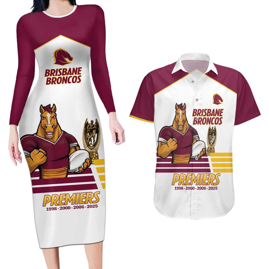 Brisbane Broncos Rugby Personalised Couples Matching Long Sleeve Bodycon Dress and Hawaiian Shirt NRL 4th Premiers Proud - Aussie Hoodie