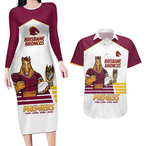 Brisbane Broncos Rugby Personalised Couples Matching Long Sleeve Bodycon Dress and Hawaiian Shirt NRL 4th Premiers Proud - Aussie Hoodie