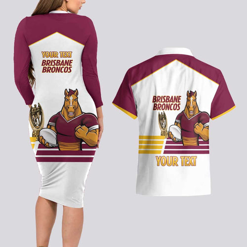 Brisbane Broncos Rugby Personalised Couples Matching Long Sleeve Bodycon Dress and Hawaiian Shirt NRL 4th Premiers Proud - Aussie Hoodie