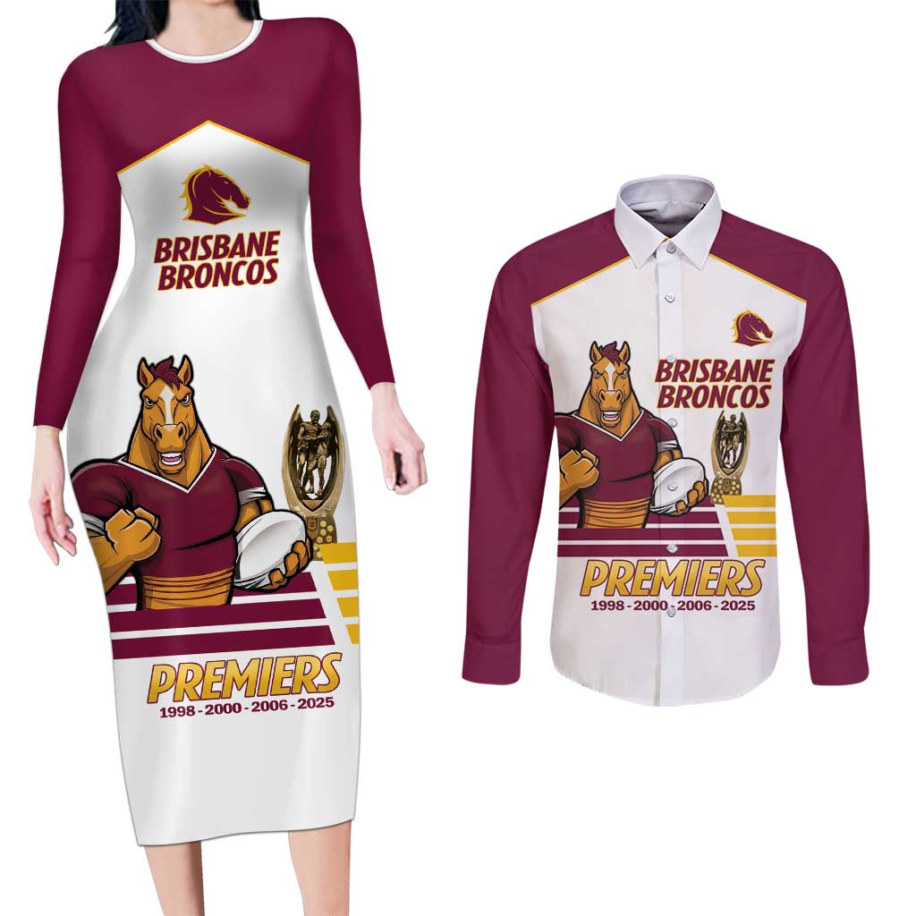 Brisbane Broncos Rugby Personalised Couples Matching Long Sleeve Bodycon Dress and Long Sleeve Button Shirt NRL 4th Premiers Proud - Aussie Hoodie