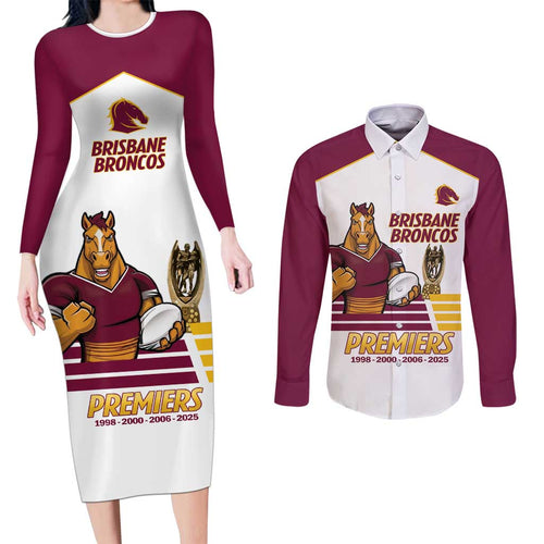 Brisbane Broncos Rugby Personalised Couples Matching Long Sleeve Bodycon Dress and Long Sleeve Button Shirt NRL 4th Premiers Proud - Aussie Hoodie