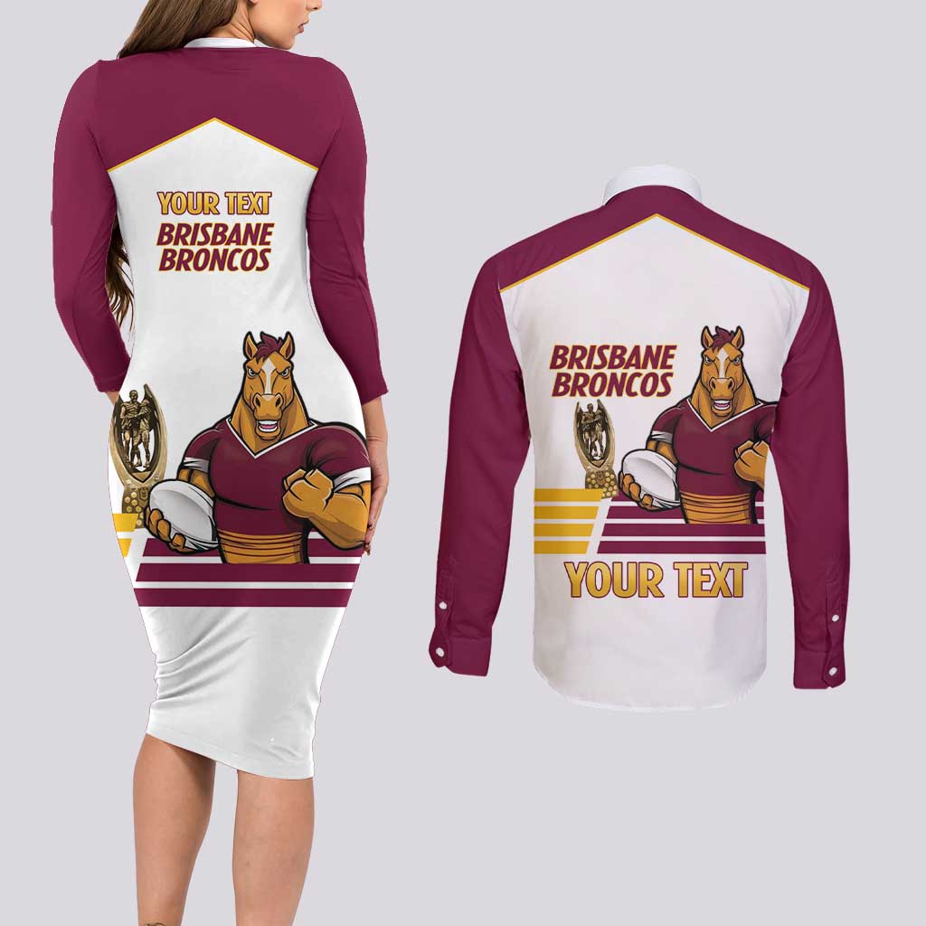 Brisbane Broncos Rugby Personalised Couples Matching Long Sleeve Bodycon Dress and Long Sleeve Button Shirt NRL 4th Premiers Proud - Aussie Hoodie
