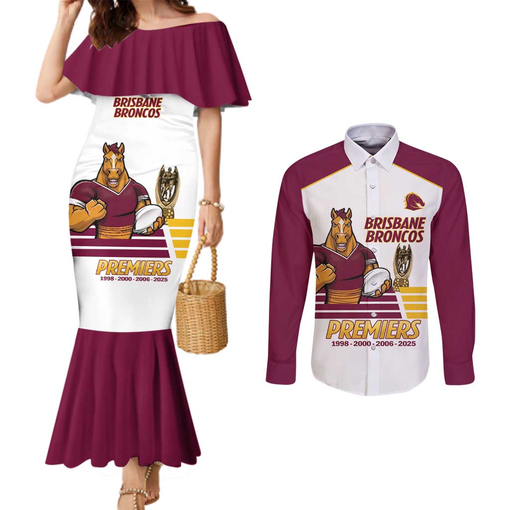 Brisbane Broncos Rugby Personalised Couples Matching Mermaid Dress and Long Sleeve Button Shirt NRL 4th Premiers Proud - Aussie Hoodie
