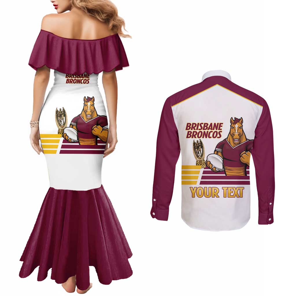 Brisbane Broncos Rugby Personalised Couples Matching Mermaid Dress and Long Sleeve Button Shirt NRL 4th Premiers Proud - Aussie Hoodie