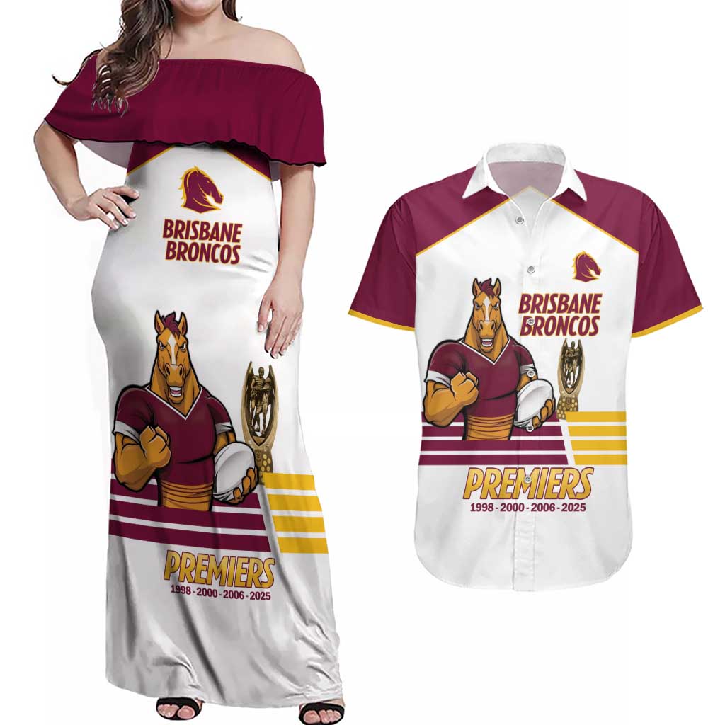 Brisbane Broncos Rugby Personalised Couples Matching Off Shoulder Maxi Dress and Hawaiian Shirt NRL 4th Premiers Proud - Aussie Hoodie