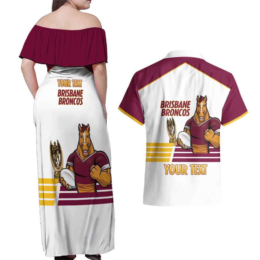Brisbane Broncos Rugby Personalised Couples Matching Off Shoulder Maxi Dress and Hawaiian Shirt NRL 4th Premiers Proud - Aussie Hoodie