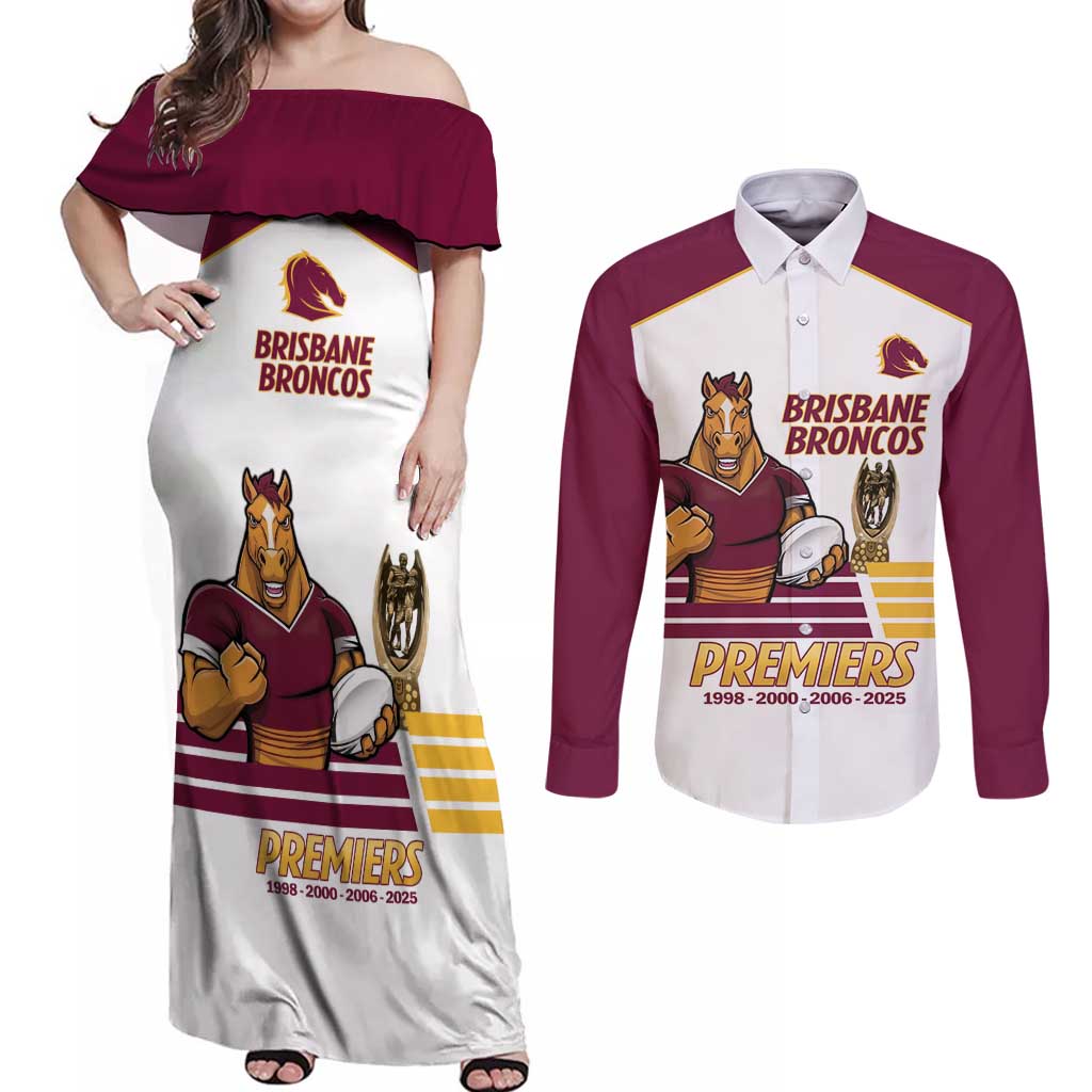 Brisbane Broncos Rugby Personalised Couples Matching Off Shoulder Maxi Dress and Long Sleeve Button Shirt NRL 4th Premiers Proud - Aussie Hoodie