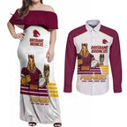 Brisbane Broncos Rugby Personalised Couples Matching Off Shoulder Maxi Dress and Long Sleeve Button Shirt NRL 4th Premiers Proud - Aussie Hoodie