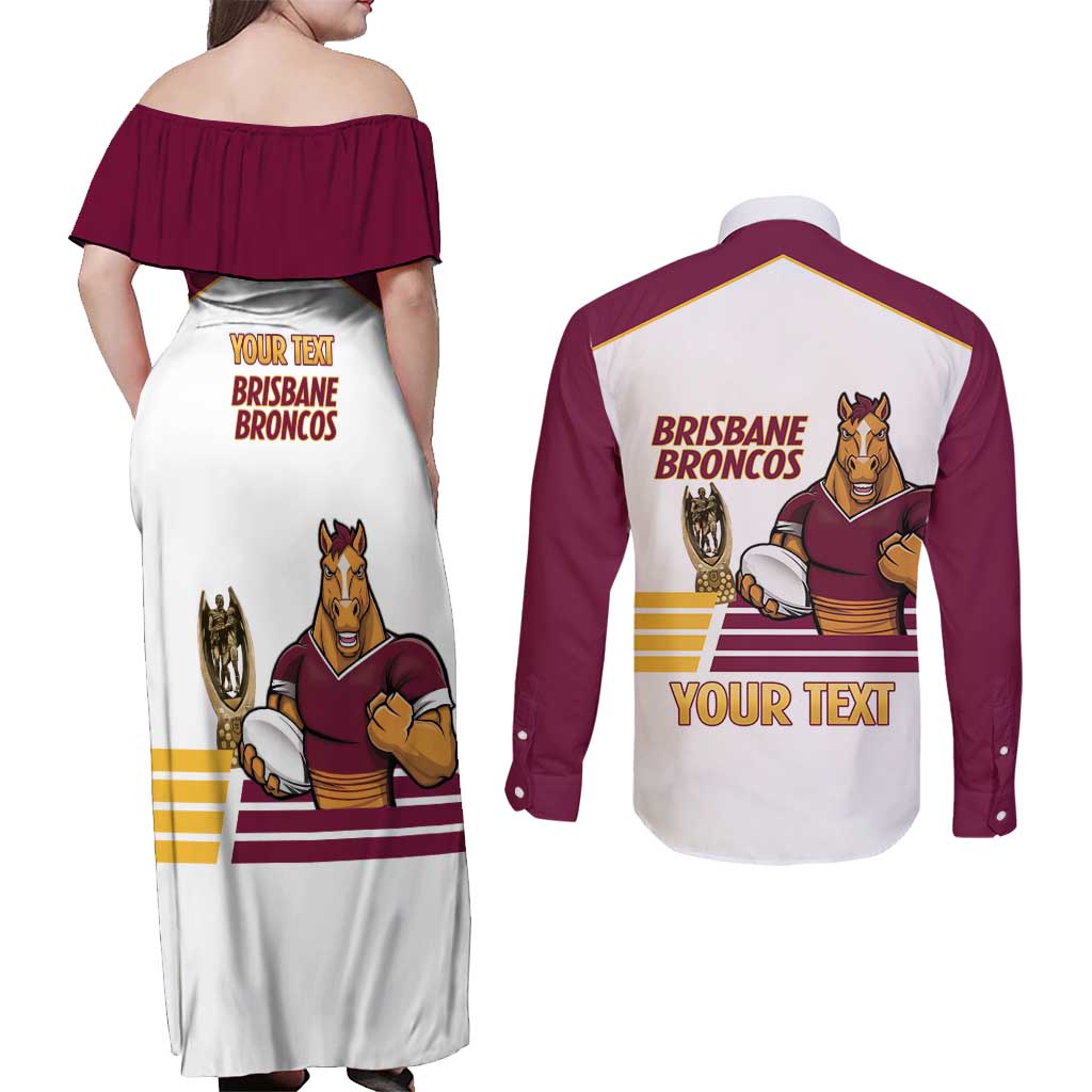 Brisbane Broncos Rugby Personalised Couples Matching Off Shoulder Maxi Dress and Long Sleeve Button Shirt NRL 4th Premiers Proud - Aussie Hoodie