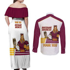 Brisbane Broncos Rugby Personalised Couples Matching Off Shoulder Maxi Dress and Long Sleeve Button Shirt NRL 4th Premiers Proud - Aussie Hoodie