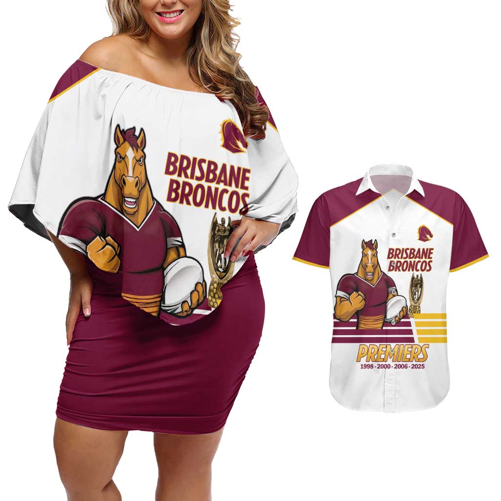 Brisbane Broncos Rugby Personalised Couples Matching Off Shoulder Short Dress and Hawaiian Shirt NRL 4th Premiers Proud - Aussie Hoodie