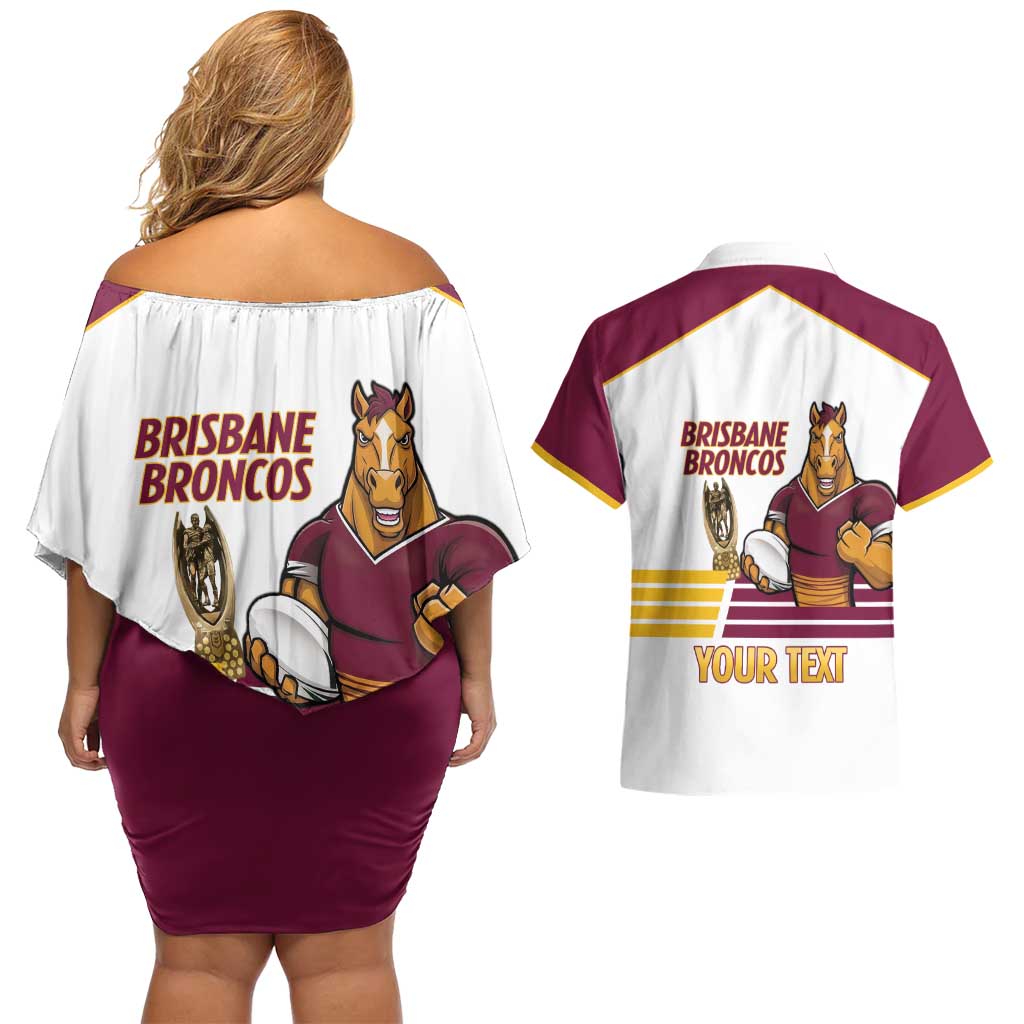 Brisbane Broncos Rugby Personalised Couples Matching Off Shoulder Short Dress and Hawaiian Shirt NRL 4th Premiers Proud - Aussie Hoodie