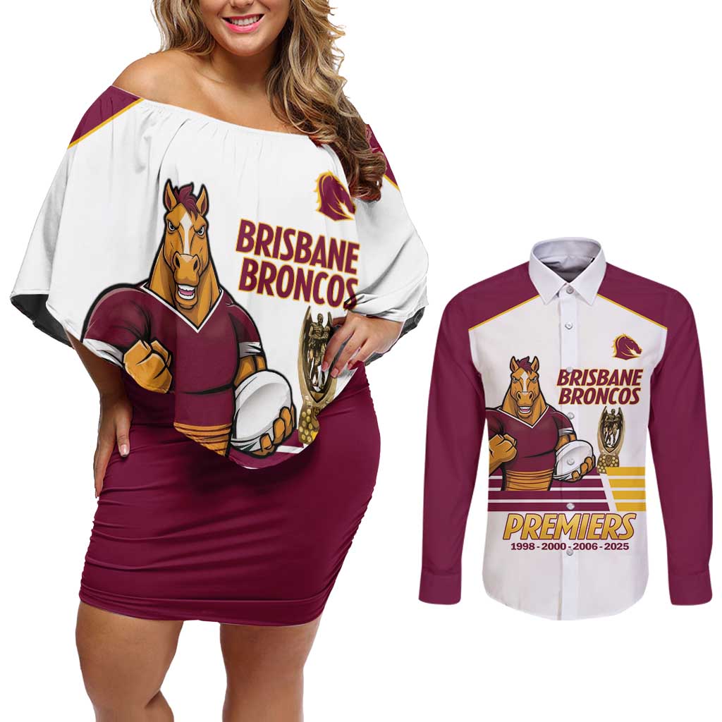 Brisbane Broncos Rugby Personalised Couples Matching Off Shoulder Short Dress and Long Sleeve Button Shirt NRL 4th Premiers Proud - Aussie Hoodie