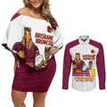Brisbane Broncos Rugby Personalised Couples Matching Off Shoulder Short Dress and Long Sleeve Button Shirt NRL 4th Premiers Proud - Aussie Hoodie